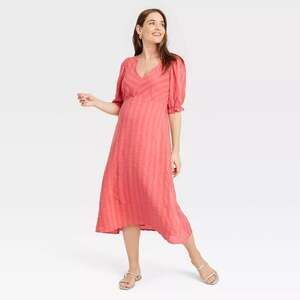 NWT The Nines by HATCH Women's Elbow Sleeve Tonal Stripe Midi Dress Red Size S